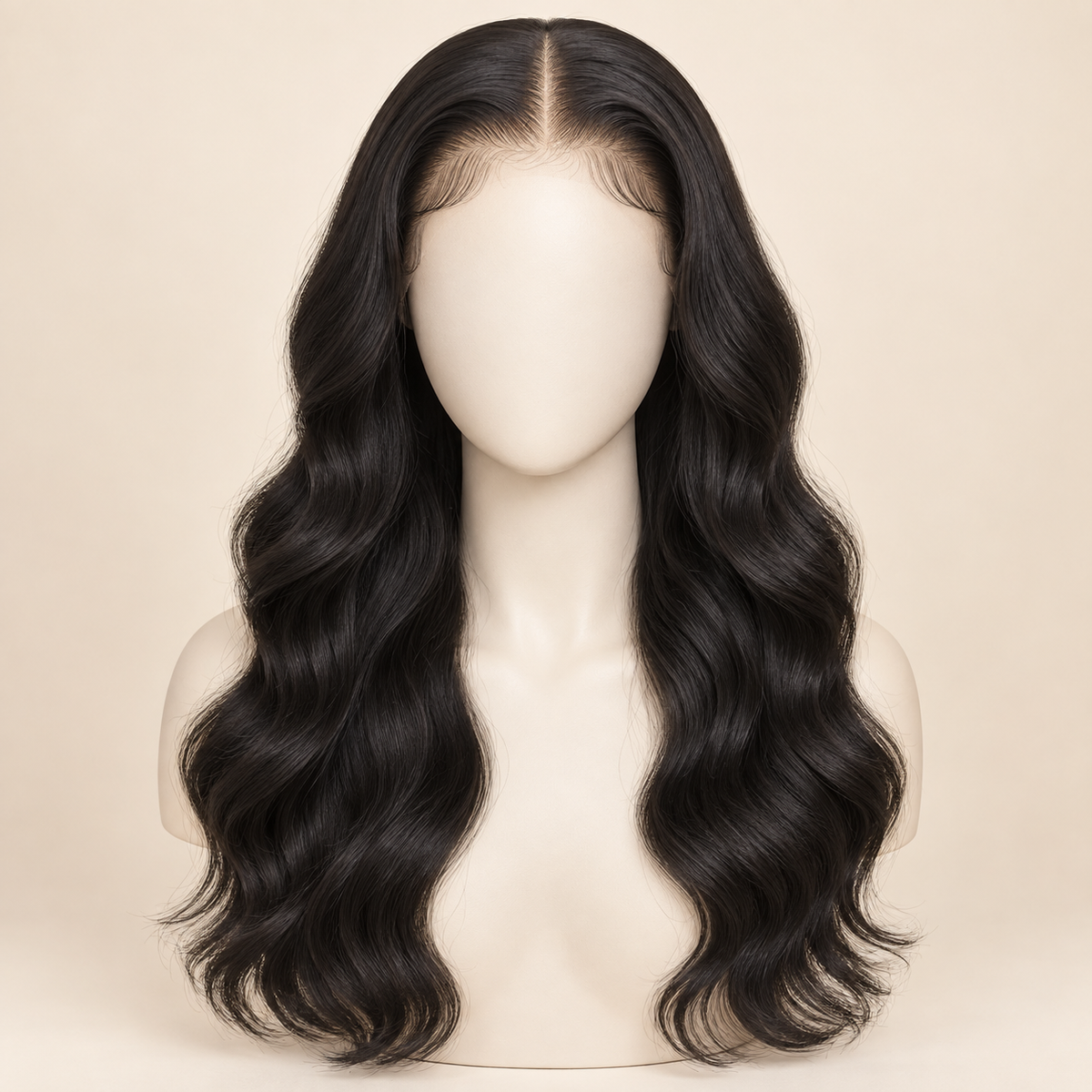 Body Wave HD Lace Closure human-hair wig, 1B natural black, 5x5 HD lace closure, 20 inch, mannequin length view, AI-generated visualization.