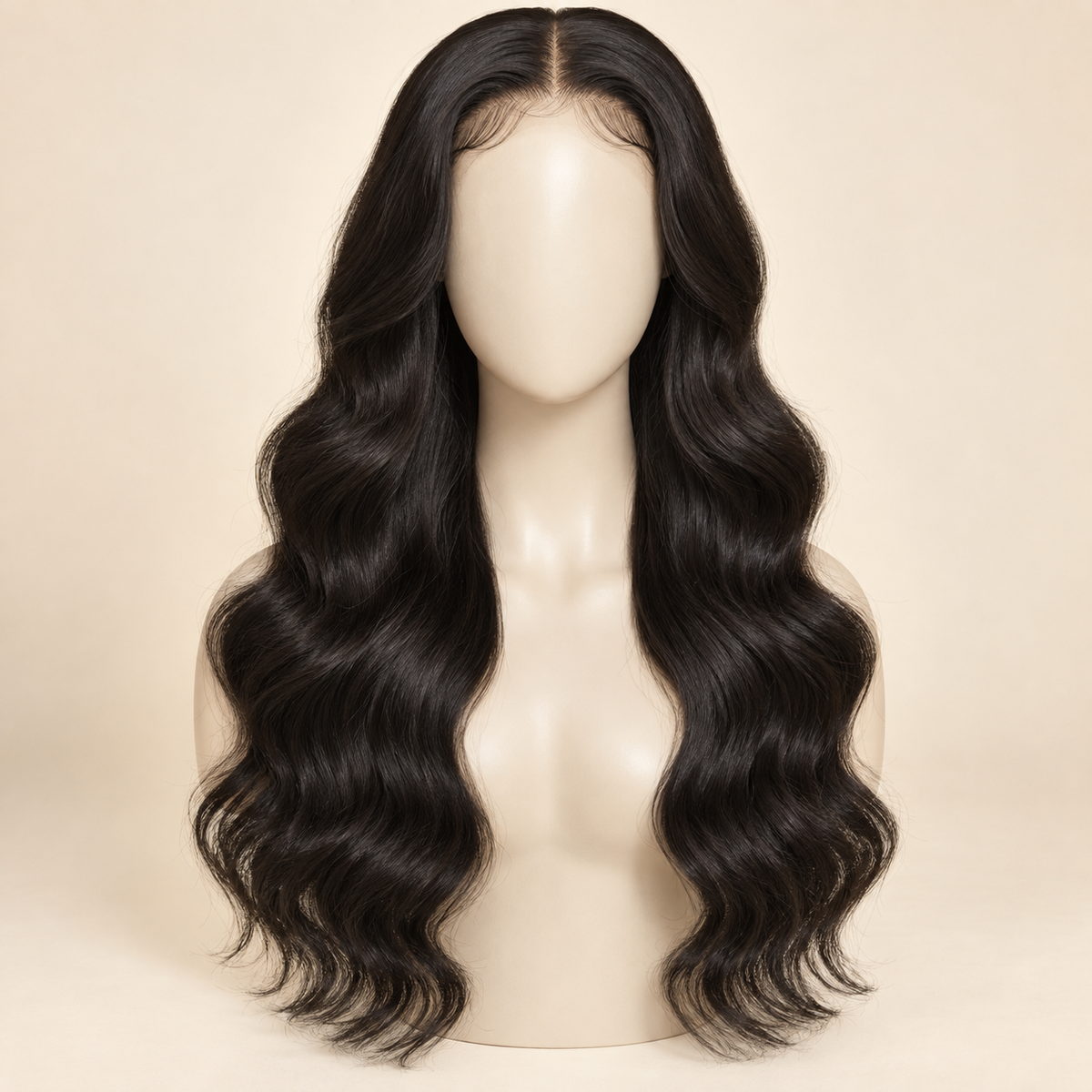 Body Wave HD Lace Closure human-hair wig, 1B natural black, 4x4 HD lace closure, 22 inch, mannequin length view, AI-generated visualization.