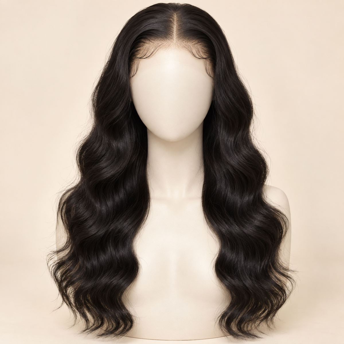 Body Wave HD Lace Closure human-hair wig, 1B natural black, 5x5 HD lace closure, 22 inch, mannequin length view, AI-generated visualization.