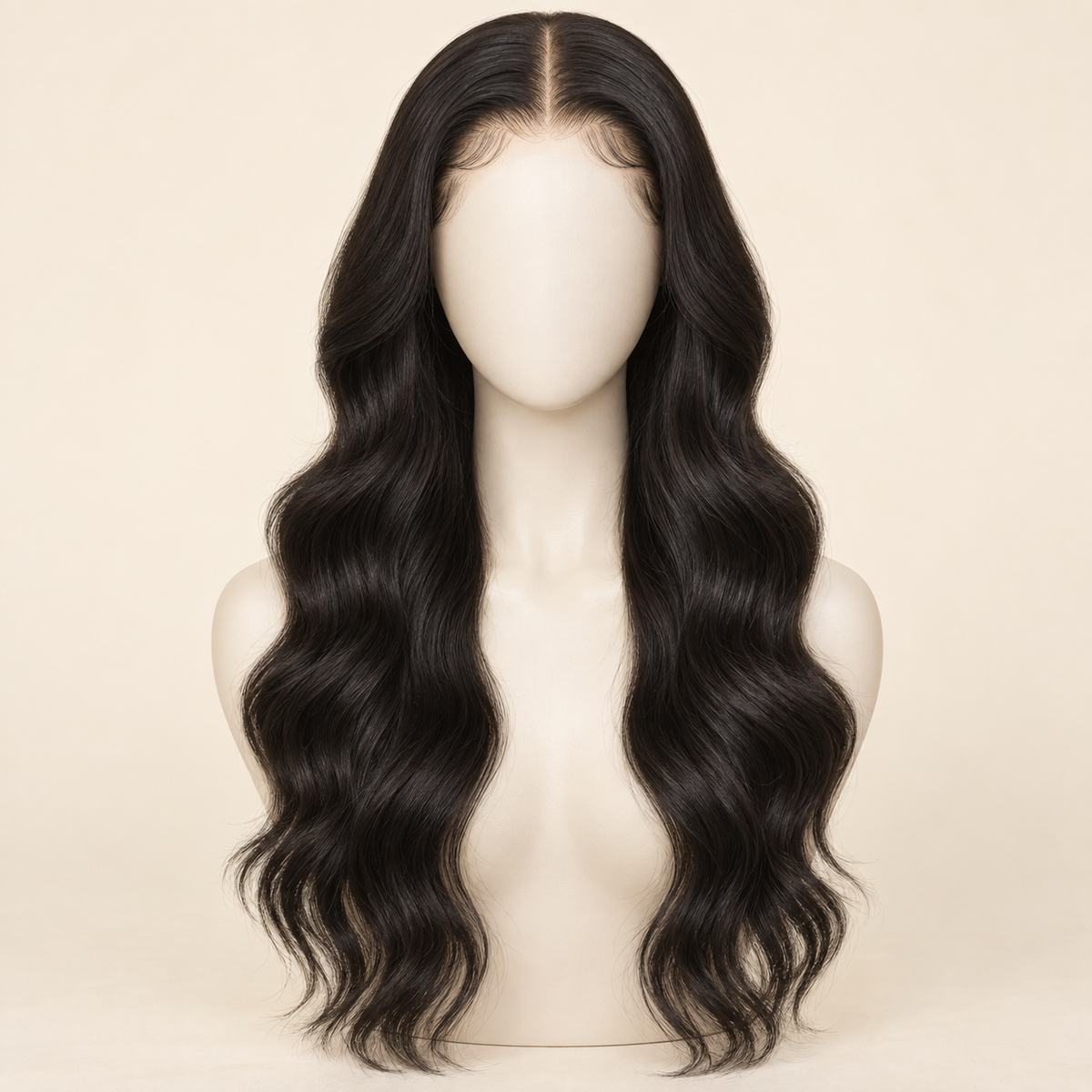 Body Wave HD Lace Closure human-hair wig, 1B natural black, 4x4 HD lace closure, 24 inch, mannequin length view, AI-generated visualization.