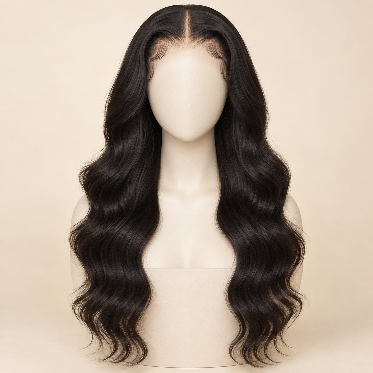 Body Wave HD Lace Closure human-hair wig, 1B natural black, 5x5 HD lace closure, 24 inch, mannequin length view, AI-generated visualization.