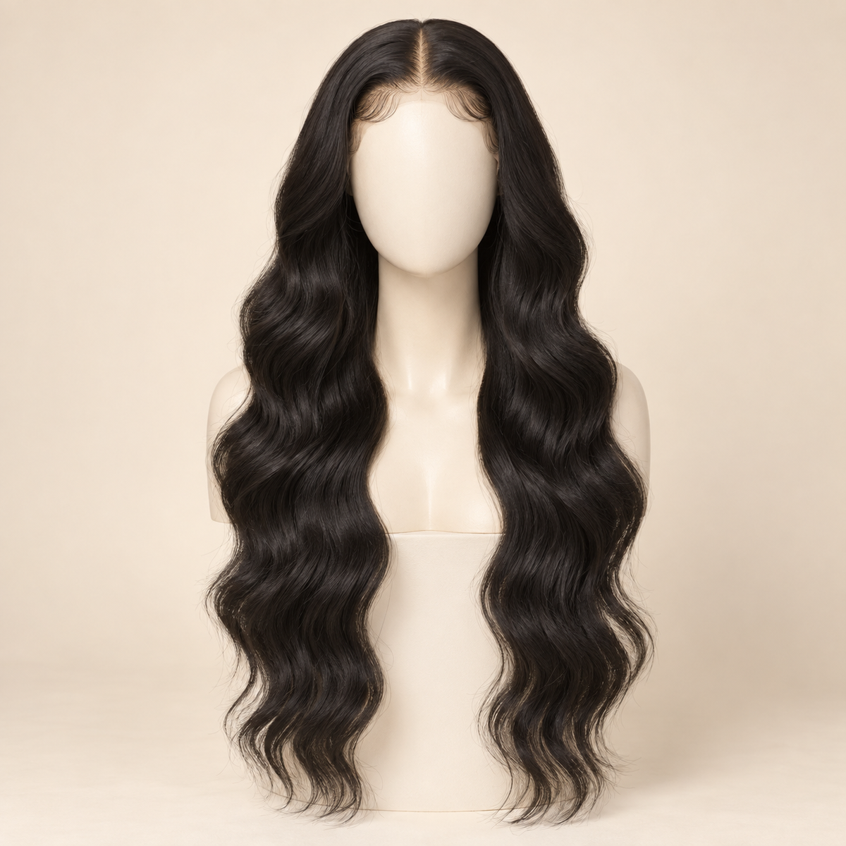 Body Wave HD Lace Closure human-hair wig, 1B natural black, 4x4 HD lace closure, 26 inch, mannequin length view, AI-generated visualization.