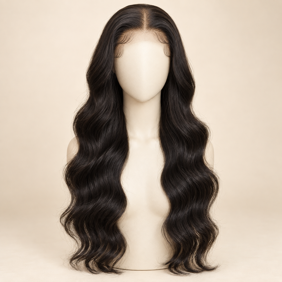 Body Wave HD Lace Closure human-hair wig, 1B natural black, 5x5 HD lace closure, 26 inch, mannequin length view, AI-generated visualization.