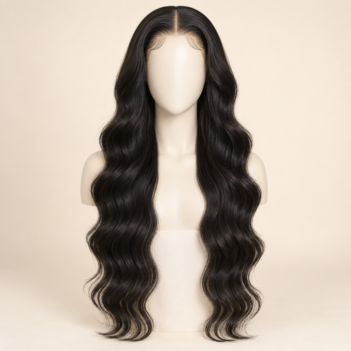 Body Wave HD Lace Closure human-hair wig, 1B natural black, 4x4 HD lace closure, 28 inch, mannequin length view, AI-generated visualization.