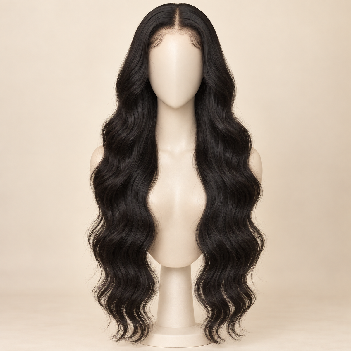 Body Wave HD Lace Closure human-hair wig, 1B natural black, 4x4 HD lace closure, 30 inch, mannequin length view, AI-generated visualization.