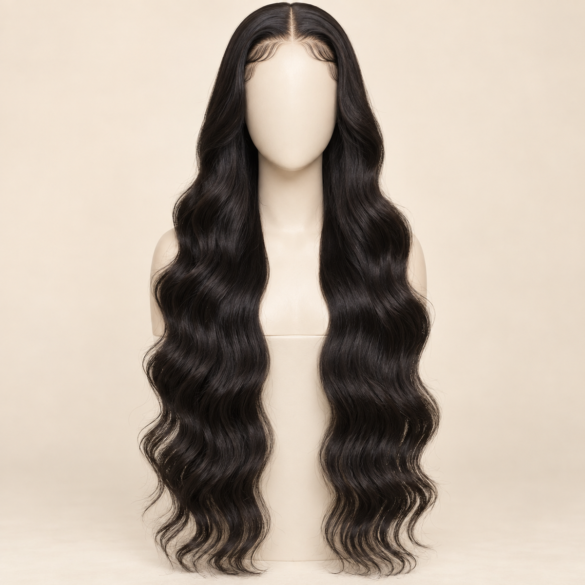 Body Wave HD Lace Closure human-hair wig, 1B natural black, 4x4 HD lace closure, 32 inch, mannequin length view, AI-generated visualization.