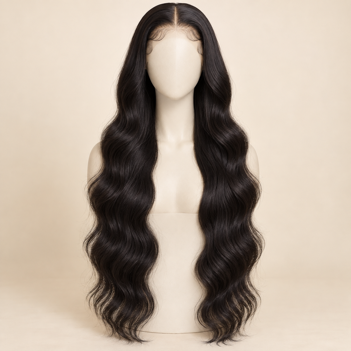 Body Wave HD Lace Closure human-hair wig, 1B natural black, 4x4 HD lace closure, 34 inch, mannequin length view, AI-generated visualization.