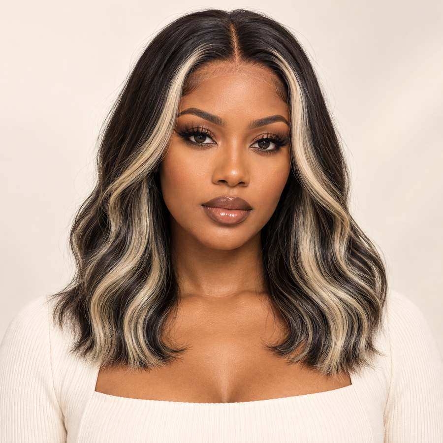 Body Wave Human Hair Lace Wig, 10-inch, dark-rooted center part with blonde face-framing highlights, dark-skinned Black woman front view; AI-generated visualization.