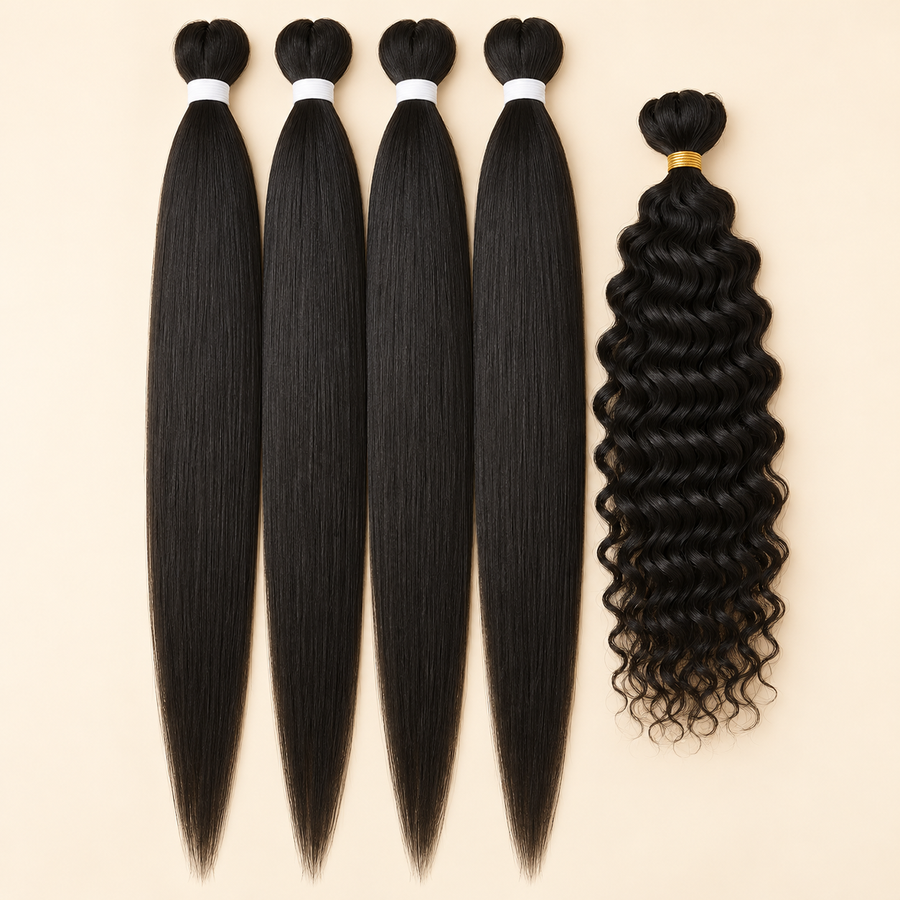 Natural black 1B Boho Deep Wave Braiding Hair Set — four pre-stretched bundles plus one deep-wave bundle, primary product view, AI-generated visualization.