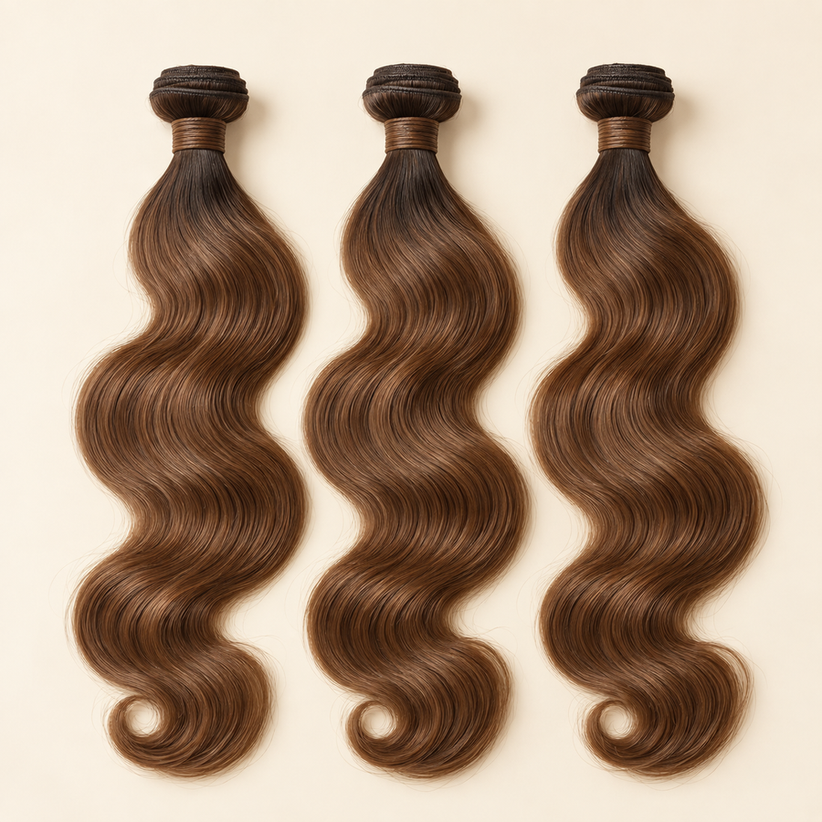 Brown Body Wave Human Hair Bundles – three-bundle product hero, AI-generated visualization