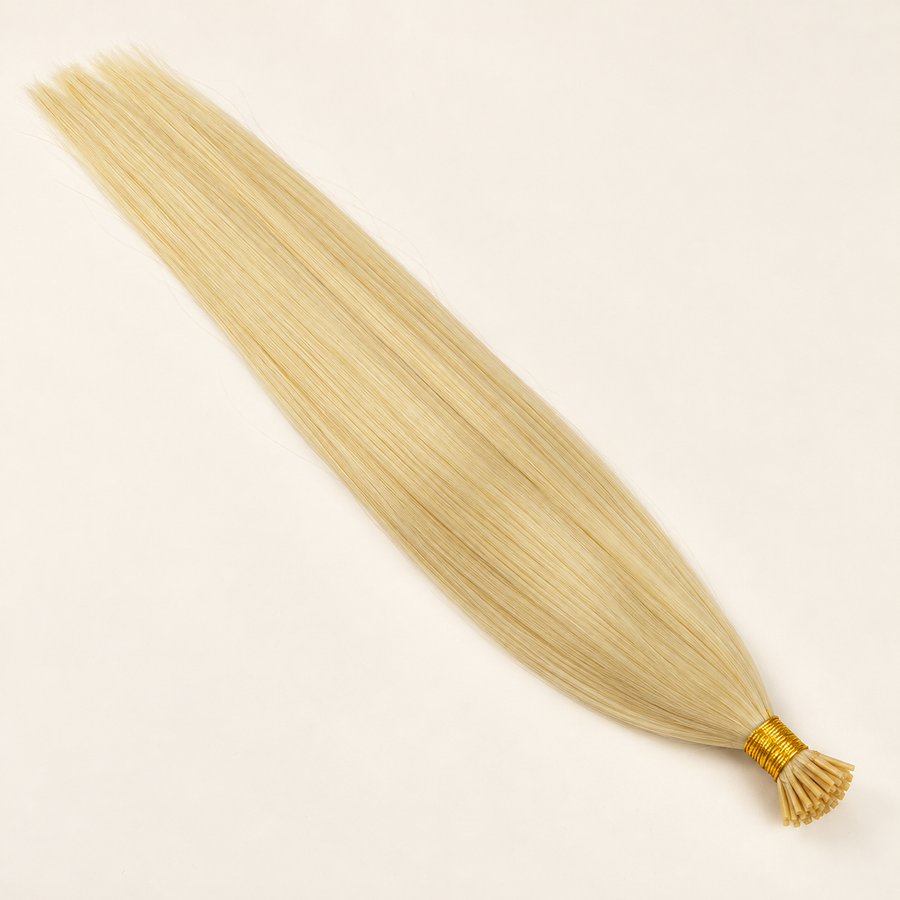 Pale blonde straight human-hair extension tress with gold-wrapped tip, AI-generated visualization.