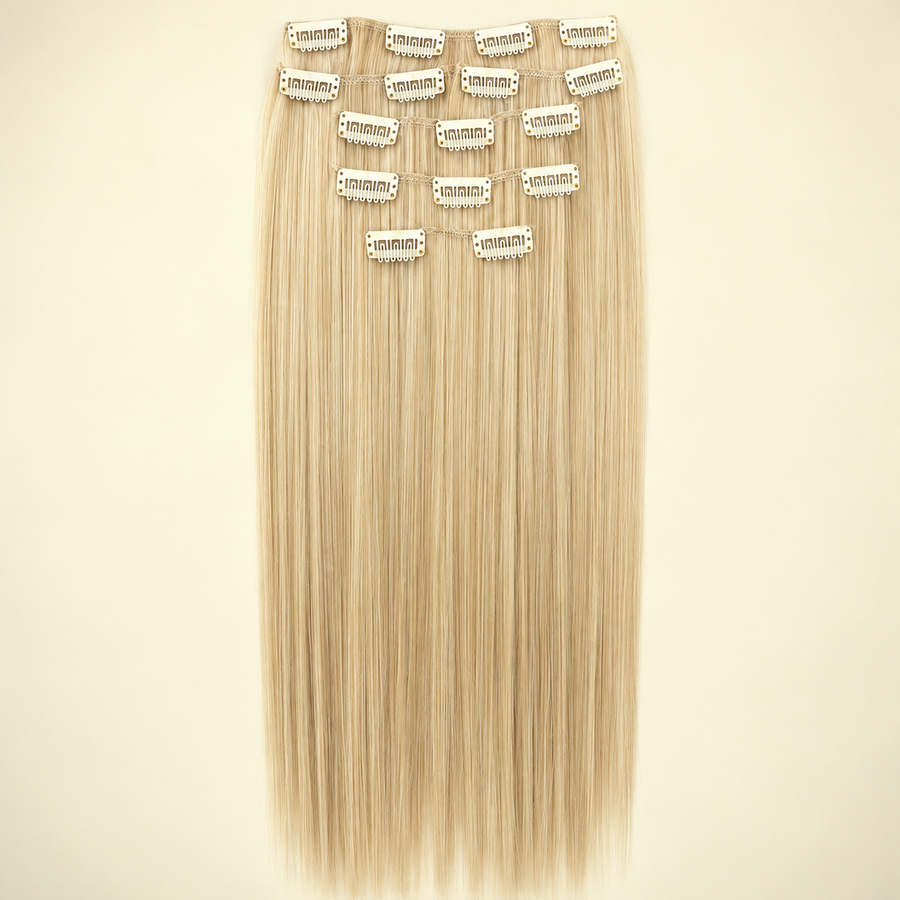 Pale blonde straight synthetic clip-in extension set, featured WIG7001 shade, product view, AI-generated visualization.