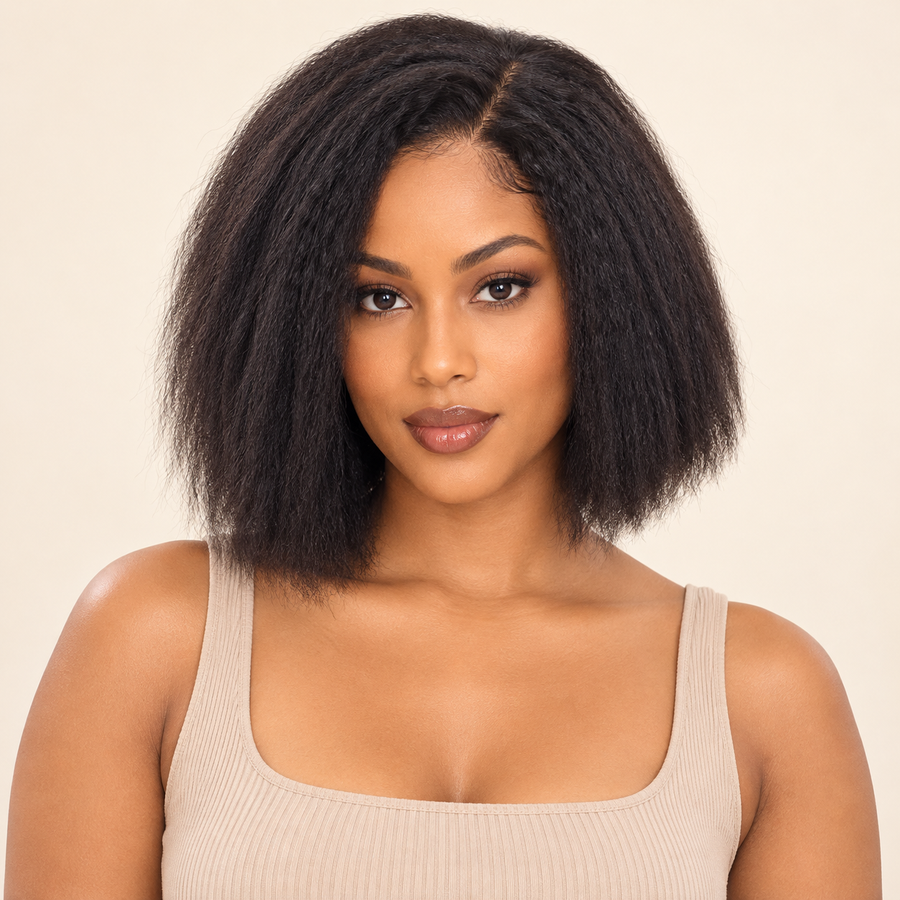 Kinky straight human-hair lace-front bob wig, front model view, natural black-brown, AI-generated visualization.