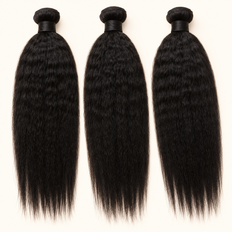 Black kinky-straight Yaki human hair weft extensions, three-piece 10-inch set, studio product view, AI-generated visualization.