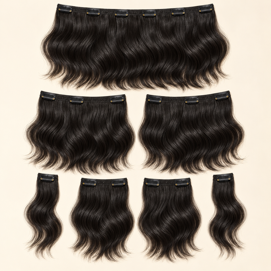 Human-hair clip-in extensions, seven-piece natural-black loose body-wave set, 16-inch product primary, AI-generated visualization