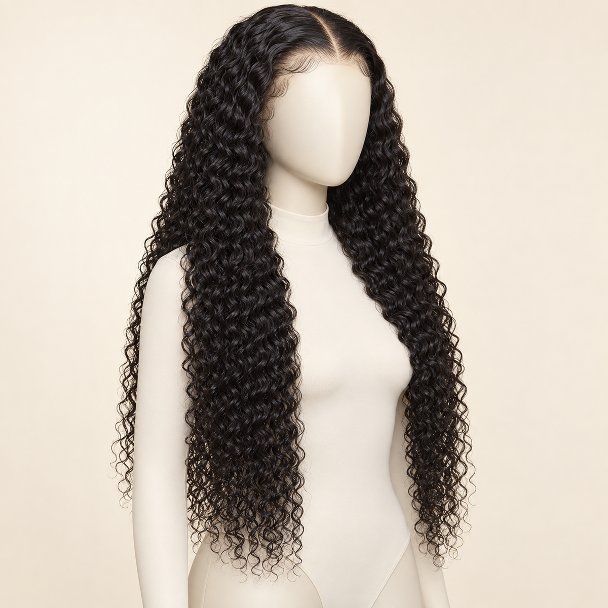 Deep Curly Lace Front Human Hair Wig, natural black 13x6, 28 inch construction view, AI-generated visualization