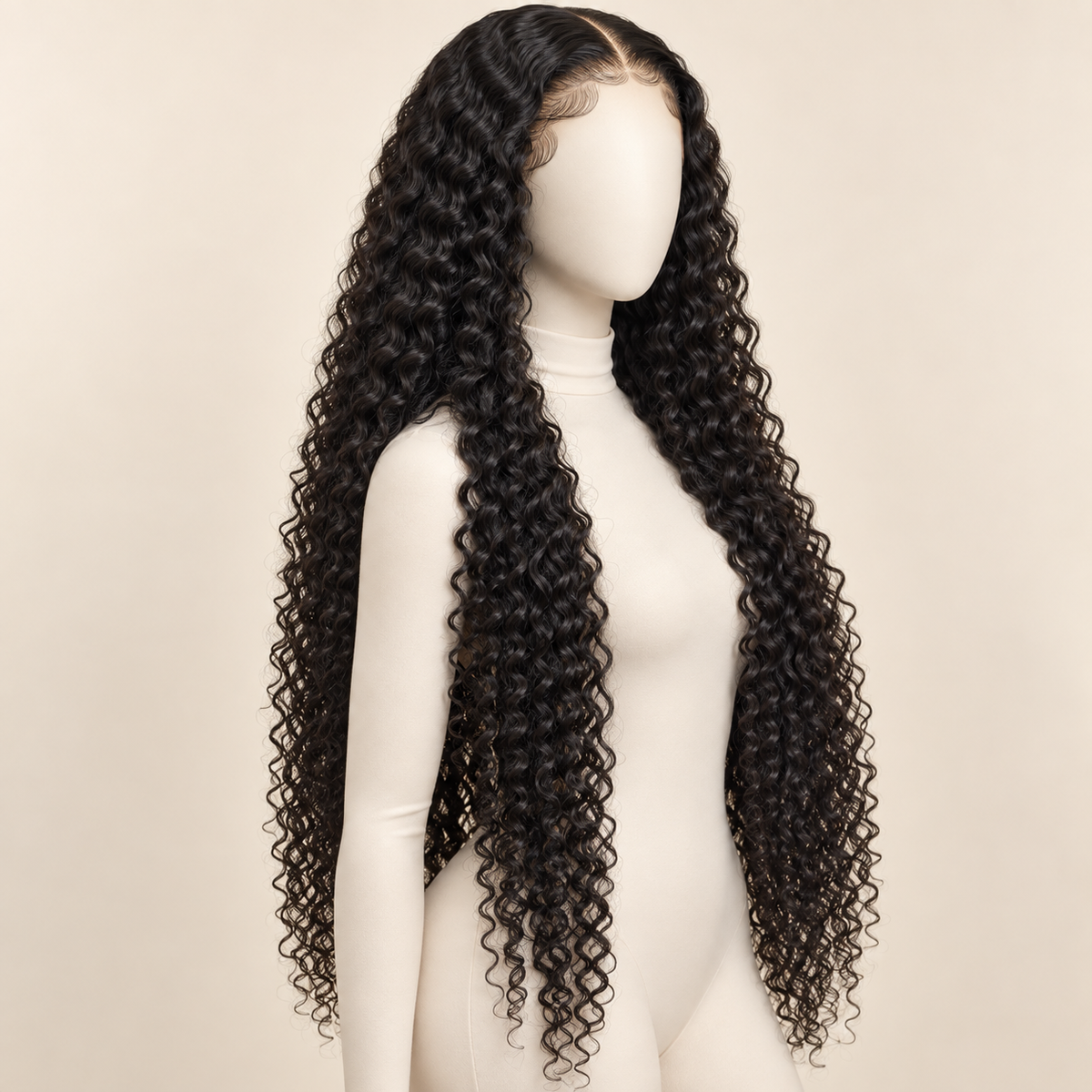 Deep Curly Lace Front Human Hair Wig, natural black 13x6 200% density, 34 inch construction view, AI-generated visualization