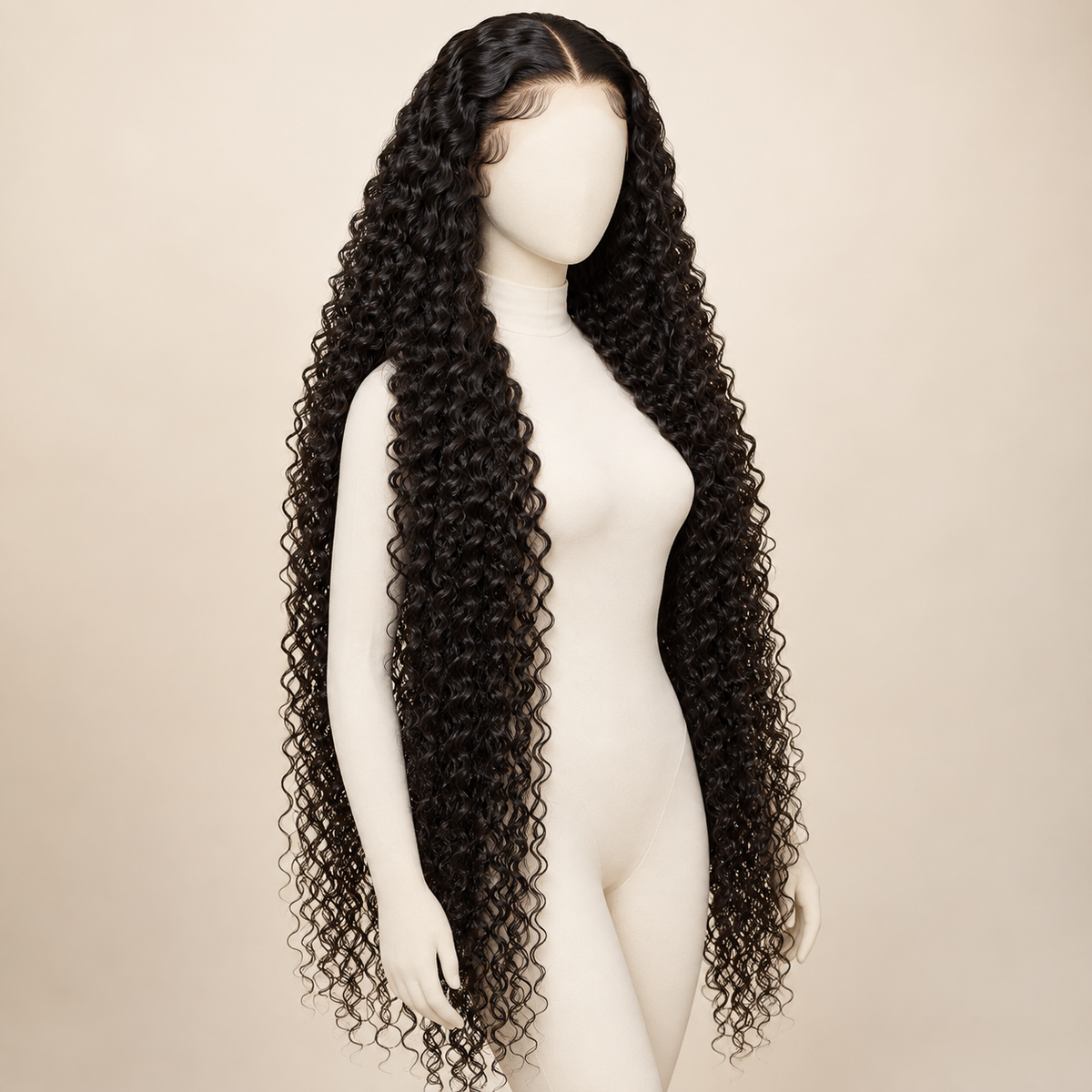 Deep Curly Lace Front Human Hair Wig, natural black 13x6 200% density, 36 inch construction view, AI-generated visualization