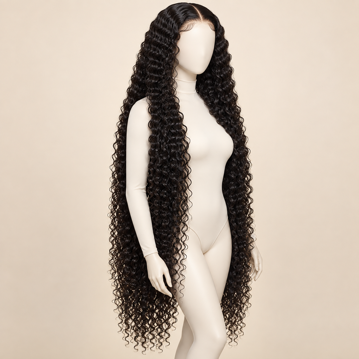 Deep Curly Lace Front Human Hair Wig, natural black 13x6 200% density, 38 inch construction view, AI-generated visualization