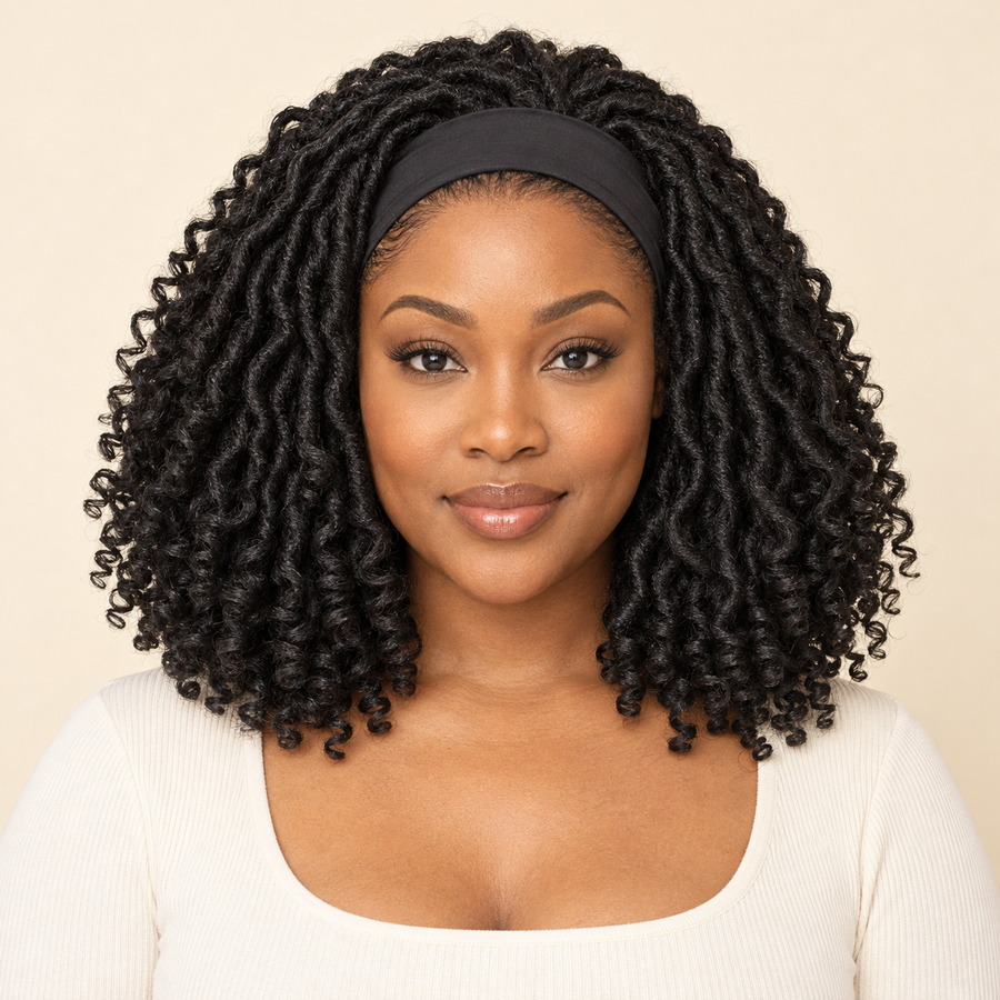 Crochet-style synthetic headband wig, 1B natural black, model front view, AI-generated visualization