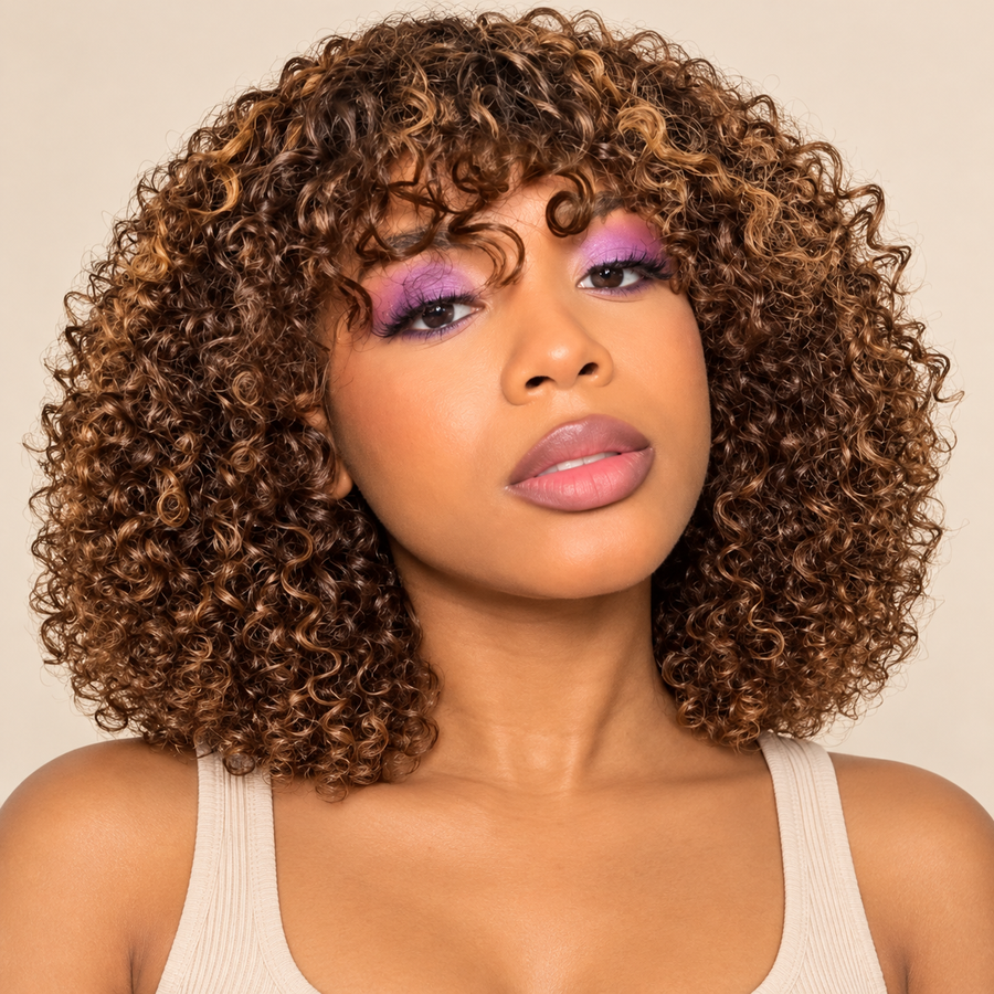12 inch curly human hair wig, auburn brown bob with fringe, model front view, AI-generated visualization