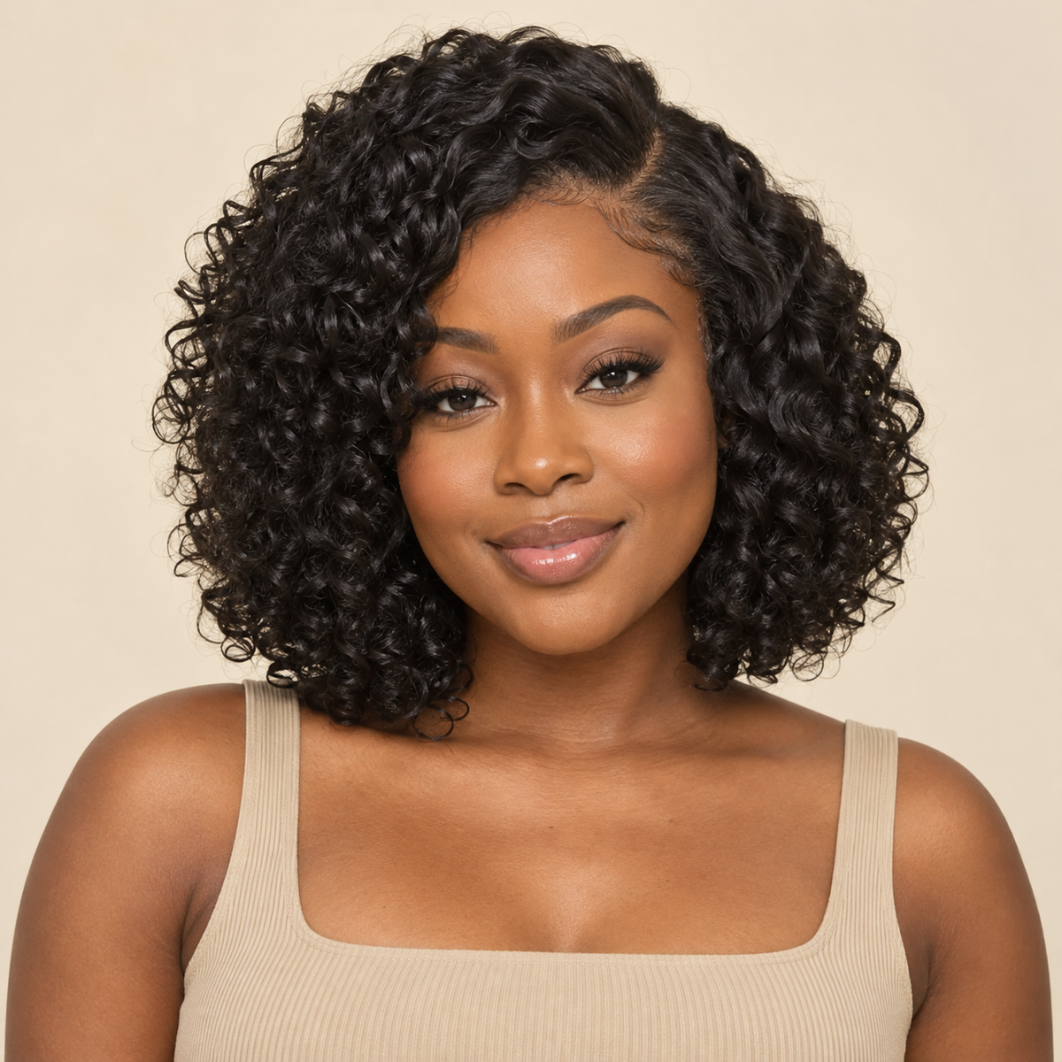 Curly lace-front synthetic wig in natural black, 8 inch, front view on model. AI-generated visualization.