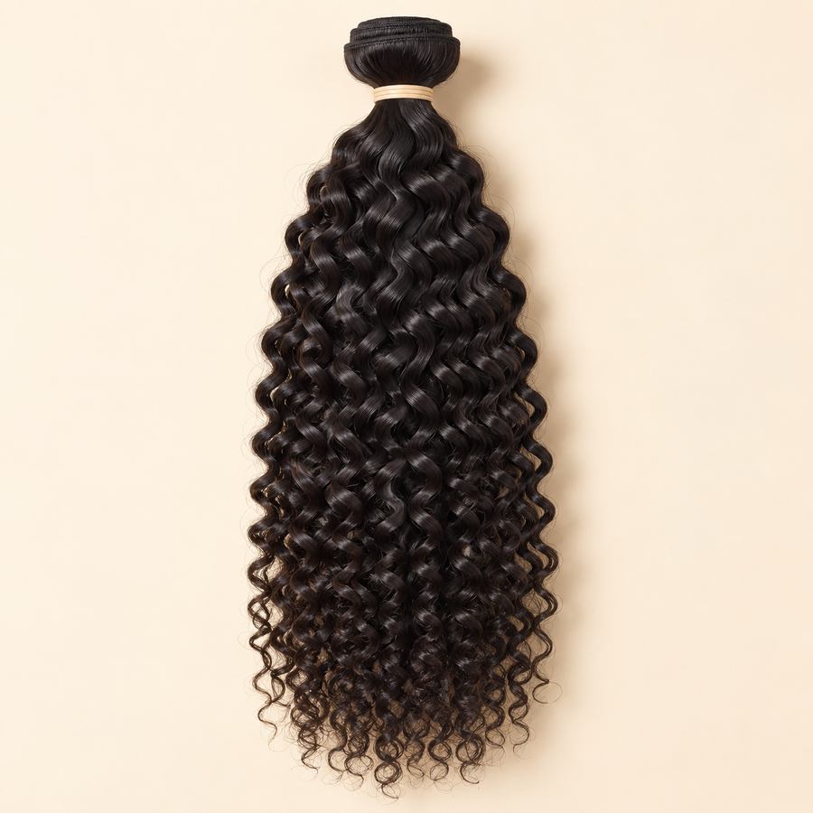 Deep Curly Brazilian Human Hair Bundle, natural 1B black, 16 inch product-only primary view, AI-generated visualization