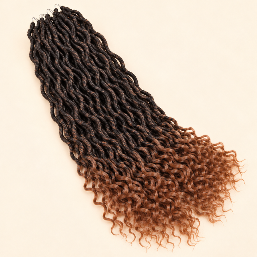 Faux Locs Crochet Braiding Hair, 1B/30 dark-to-auburn ombre, product-only hero — AI-generated visualization