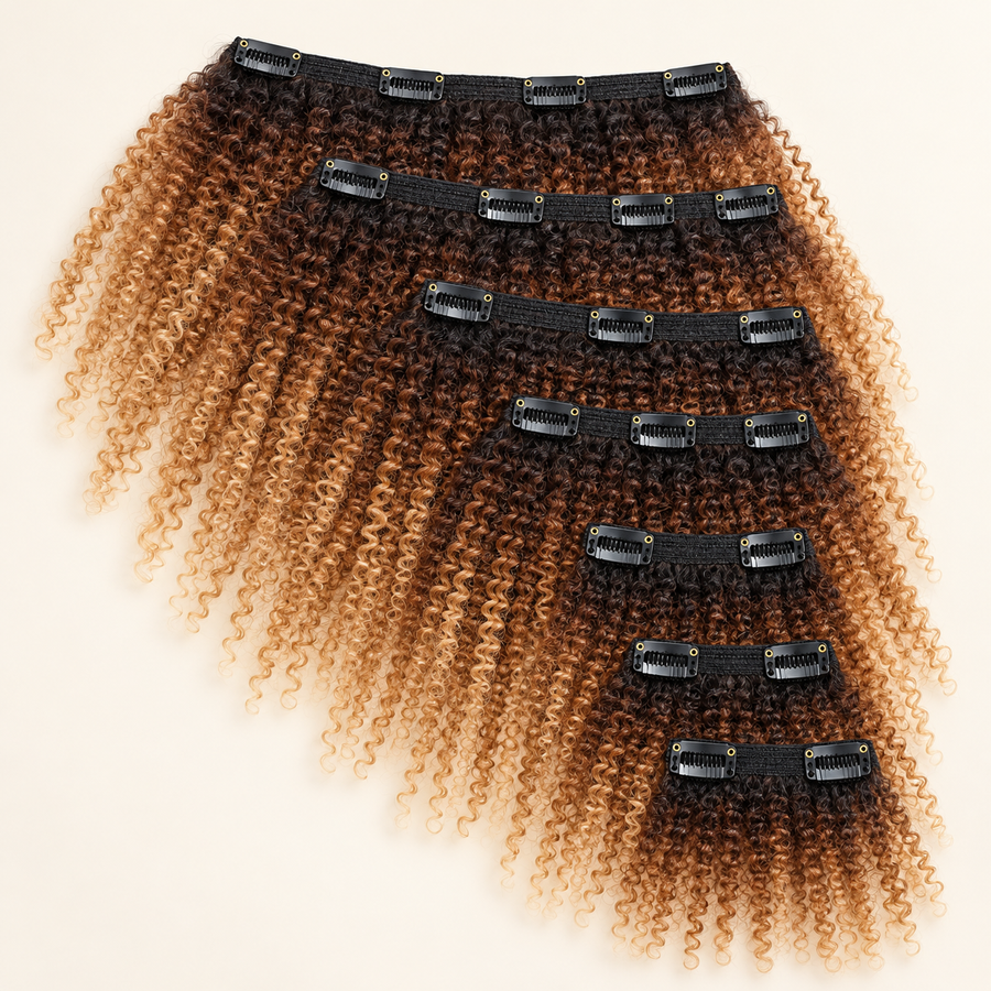 Afro Kinky Curly Clip-In Human Hair Extensions, Brown gradient, 10 inch, eight-piece set hero, AI-generated visualization.