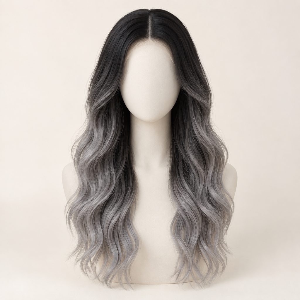 AI-generated visualization of Grey Ombre Long Wavy Synthetic Lace Wig on an ivory mannequin, front view