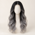 AI-generated visualization of Grey Ombre Long Wavy Synthetic Lace Wig on an ivory mannequin, front view