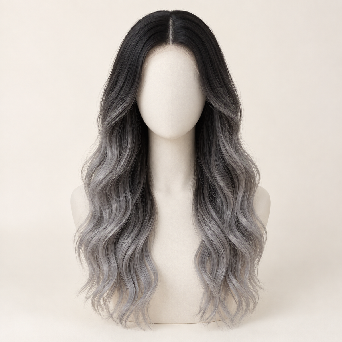 AI-generated visualization of Grey Ombre Long Wavy Synthetic Lace Wig on an ivory mannequin, front view