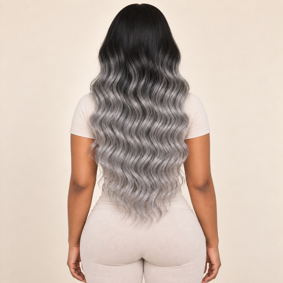 AI-generated visualization of Grey Ombre Long Wavy Synthetic Lace Wig, adult model back view
