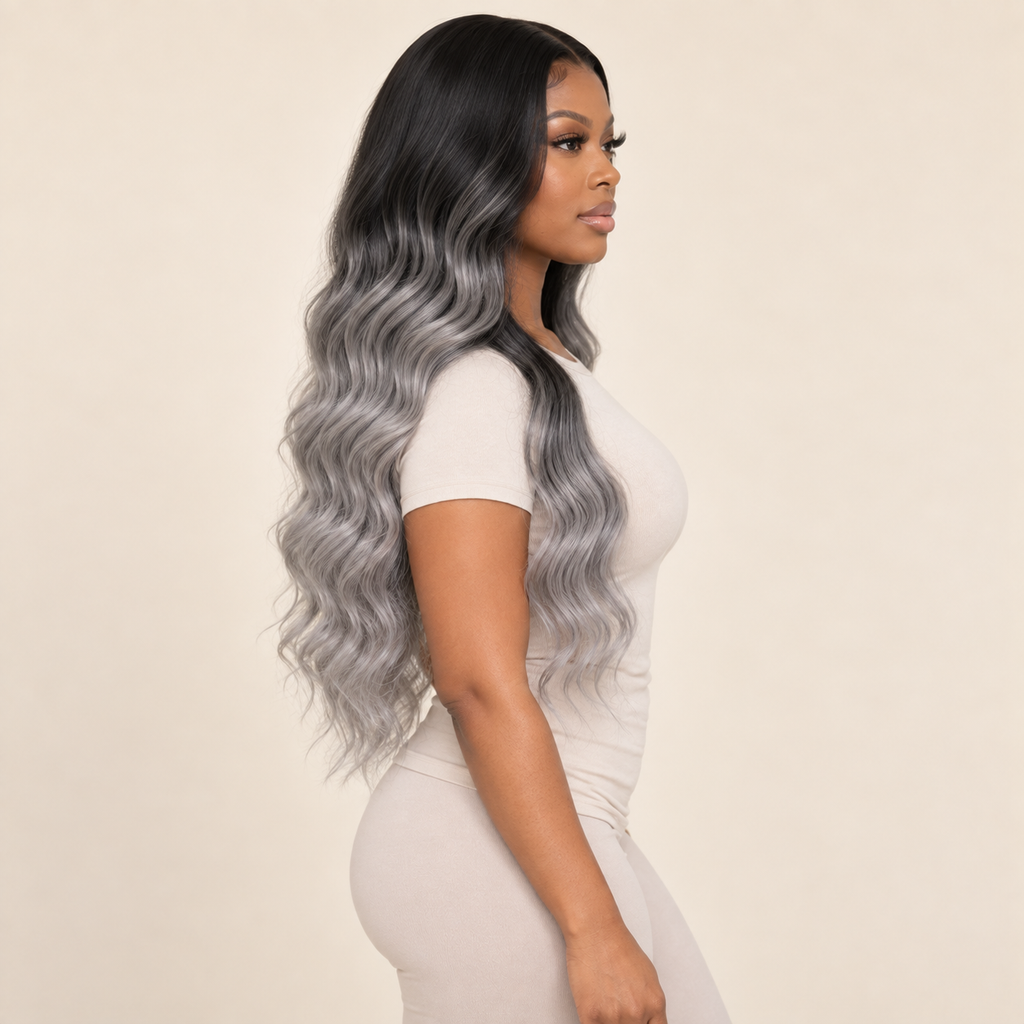 AI-generated visualization of Grey Ombre Long Wavy Synthetic Lace Wig, adult model side view