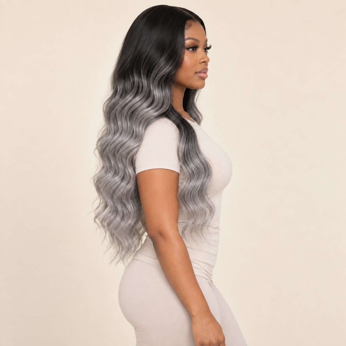 AI-generated visualization of Grey Ombre Long Wavy Synthetic Lace Wig, adult model side view