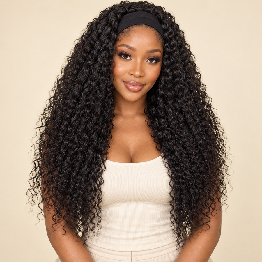 26-inch black synthetic headband wig worn by adult model, front view, AI-generated visualization