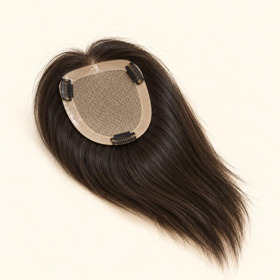 AI-generated visualization: one 30 cm dark natural-brown hand-tied human-hair topper, mesh base shown.