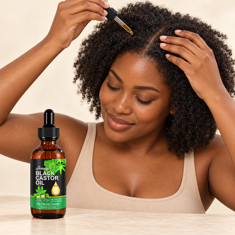Adult Black woman applying a small amount of Jamaican Black Castor Oil 60 ml to her scalp beside the matching bottle; AI-generated use visualization.