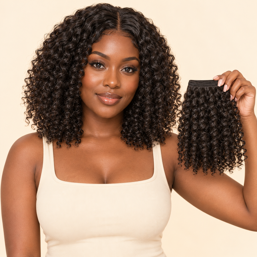 Adult dark-skinned Black woman showing a natural-black kinky-curly 8-inch bundle style with one matching loose weft; AI-generated illustrative view.