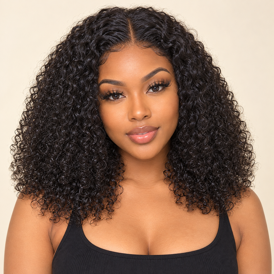 Kinky Curly T-Part Lace Bob, NaturalColor 12 inch, adult model front view — AI-generated visualization