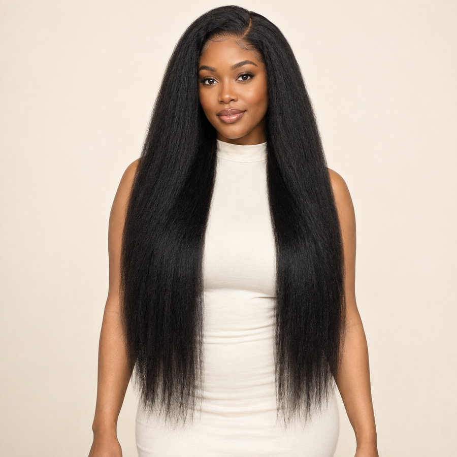 Kinky Straight Lace Front Synthetic Wig – Black 30 inch, front model view, AI-generated visualization