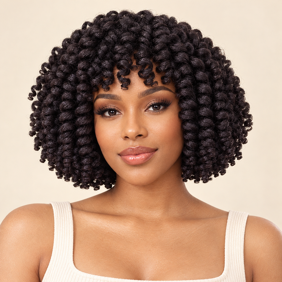 Front view of natural black 1B short curly synthetic wig with fringe; AI-generated visualization.