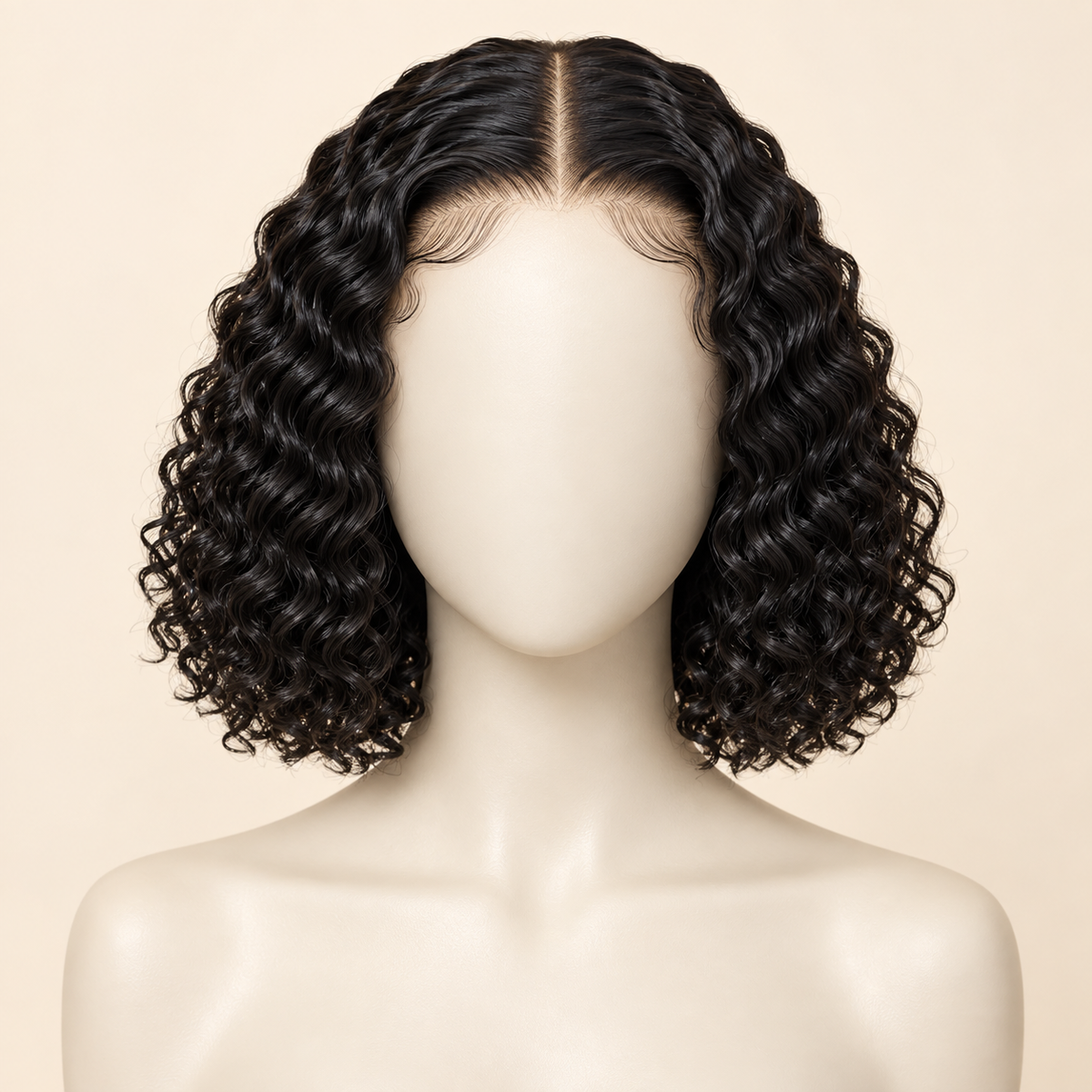 Deep Curly Lace Front Human Hair Wig, natural black 13x4, 8 inch length view, AI-generated visualization