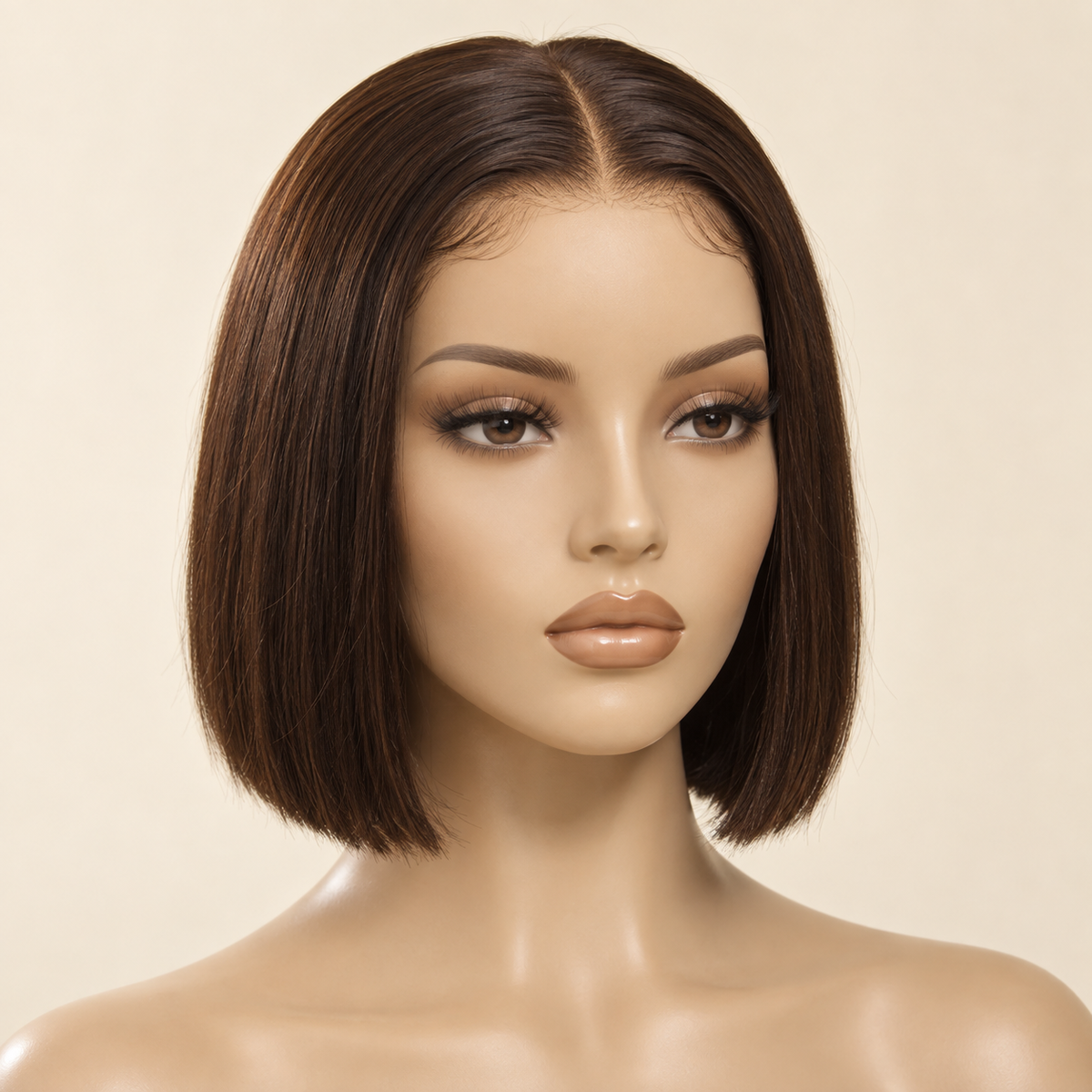 Chocolate Brown Straight 13x4 Lace Front Human Hair Wig, 08 inch, matching length mannequin view, AI-generated visualization
