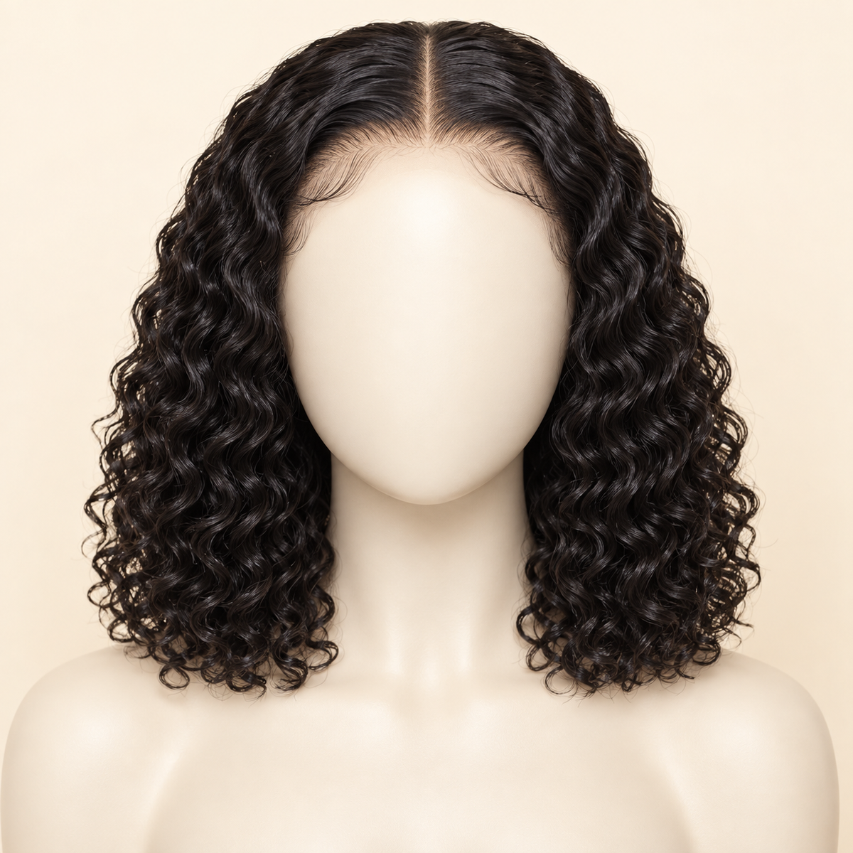 Deep Curly Lace Front Human Hair Wig, natural black 13x4, 10 inch length view, AI-generated visualization