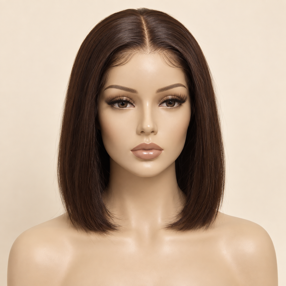 Chocolate Brown Straight 13x4 Lace Front Human Hair Wig, 10 inch, matching length mannequin view, AI-generated visualization