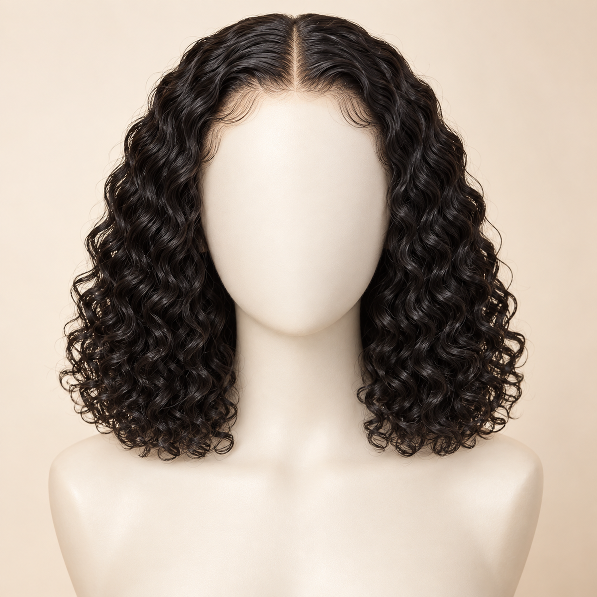 Deep Curly Lace Front Human Hair Wig, natural black 13x4, 12 inch length view, AI-generated visualization