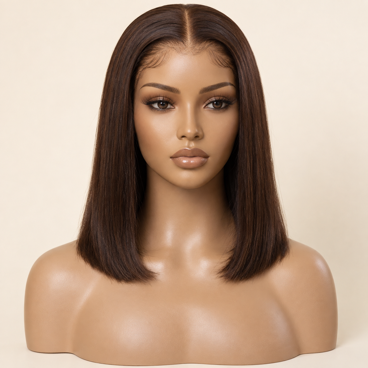 Chocolate Brown Straight 13x4 Lace Front Human Hair Wig, 12 inch, matching length mannequin view, AI-generated visualization