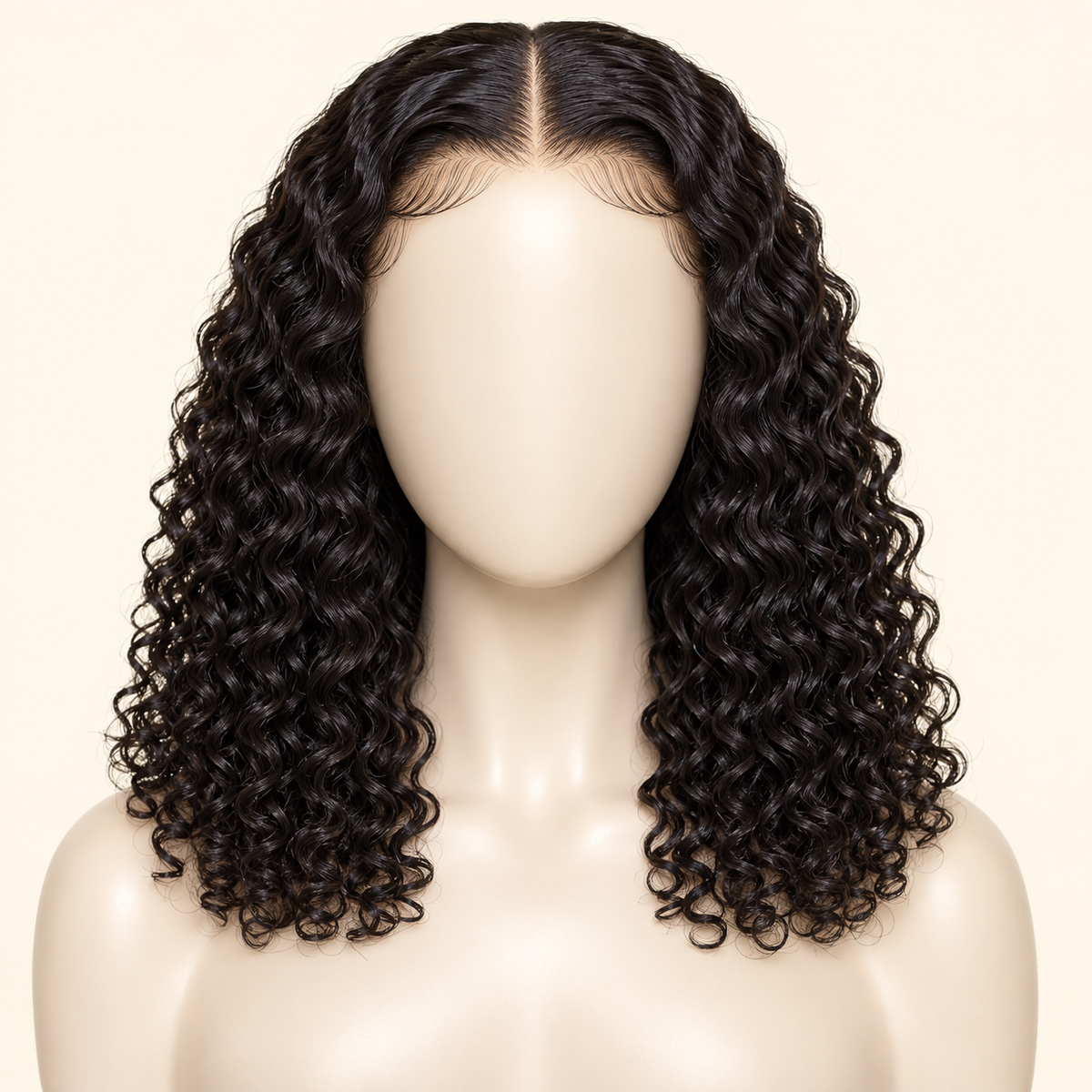 Deep Curly Lace Front Human Hair Wig, natural black 13x4, 14 inch length view, AI-generated visualization