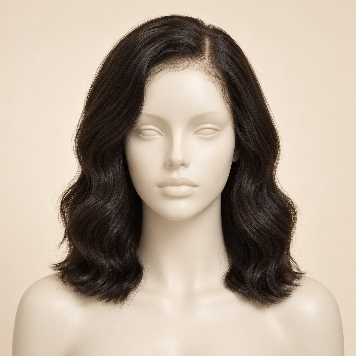 Body Wave lace-closure human-hair wig, natural color, 14 inch, variant view, AI-generated visualization.